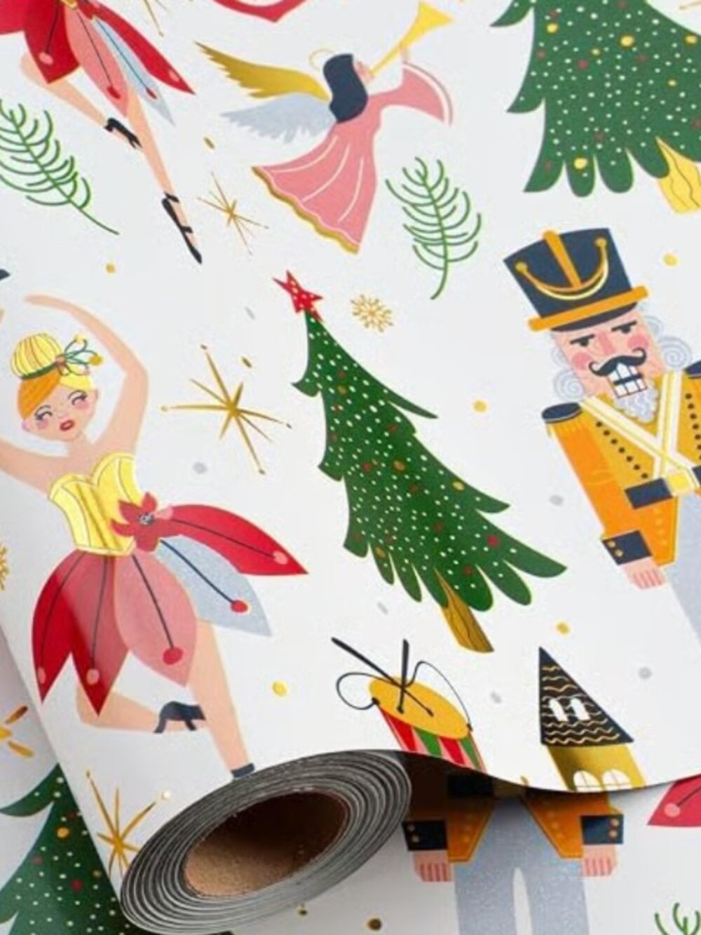 Burymento Christmas Wrapping Paper, White Nutcracker Gold Foil, Christmas Tree